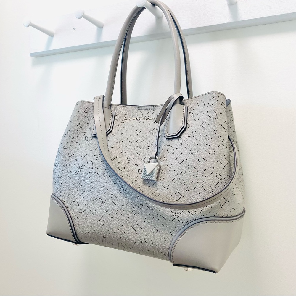 Michael Kors Gray Leather Satchel Medium Silver‑Tone Hardware Detachable Strap
